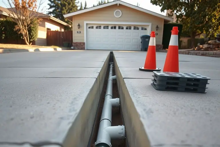 Narrow saw-cut trench through a concrete driveway with new white sewer pipe bedded at the bottom and orange cones nearby