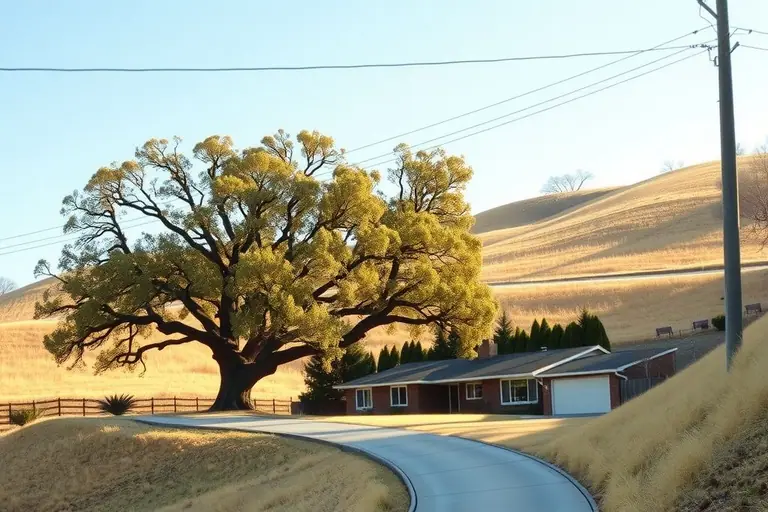 Ranch house on a sloped lot above a long curving driveway, framed by large oaks and golden hills