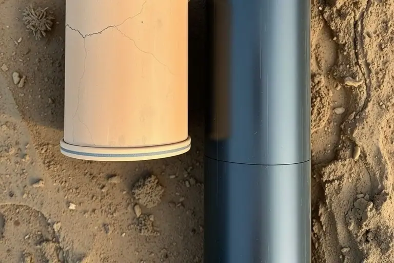 Old cracked clay sewer pipe section lying next to a new black plastic pipe on bare soil