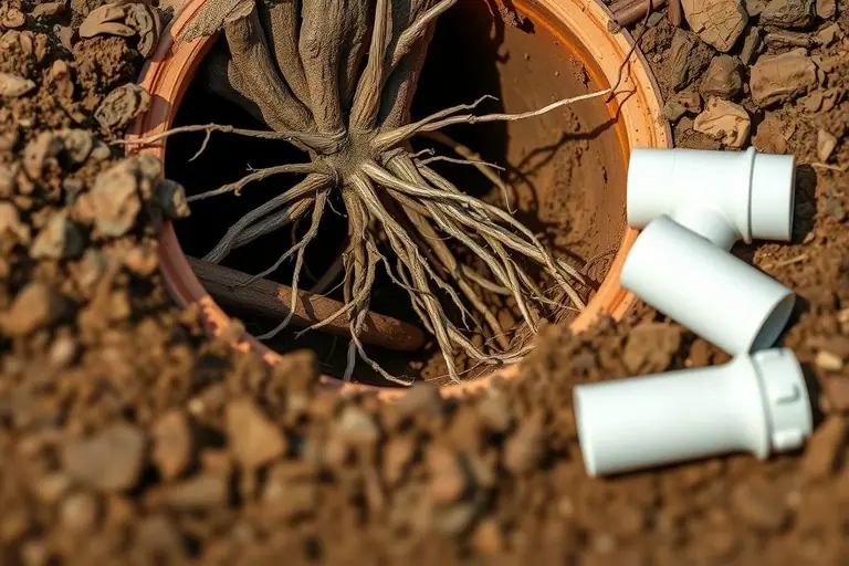 Excavated old clay sewer pipe joint with fine tree roots growing out of a cracked bell, beside new white PVC repair fittings