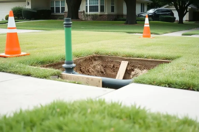 Small access pit in a front lawn with a new black pipe emerging, orange cones nearby